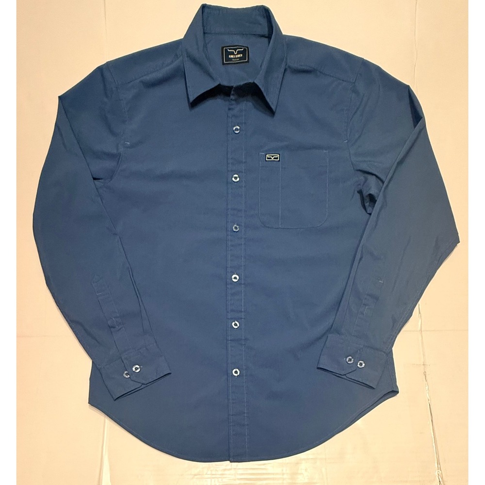 Kimes Ranch Mens Medium Blue Long Sleeve Button Down Western Shirt Logo Pocket